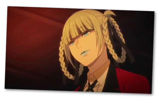 A screencap from Kakegurui showing a character fom late in the story