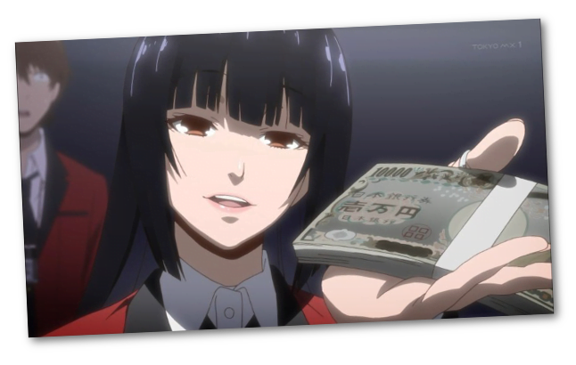 A screencap from Kakegurui showing the protagonist with a pile of cash