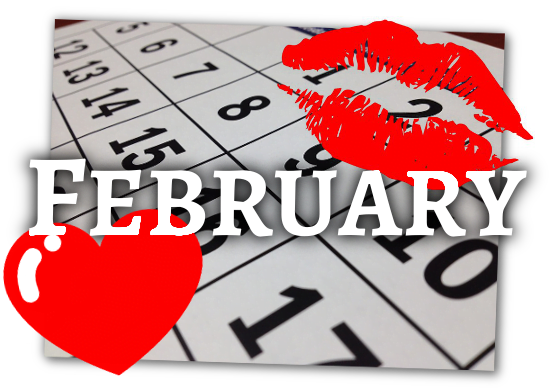 an image of a calendar, overlaid with the word 'february', along with some smoochy lips and a heart