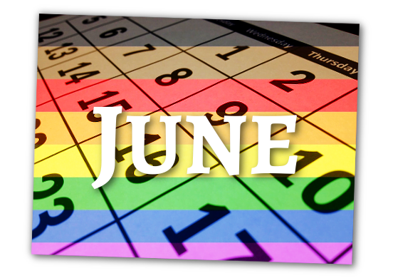 A banner of a calendar, with the word 'june' over it, and a rainbow theme