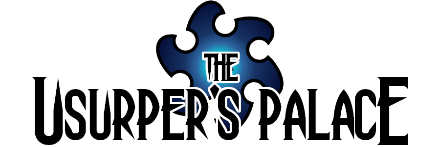 The logo for the Usurper's Palace, showing the title text overlaid on a six-pointed spiral vortext.
