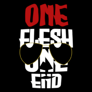 A logo design of the words 'one flesh, one end' arranged to look like a skull with red hair, wearing aviator sunglasses
