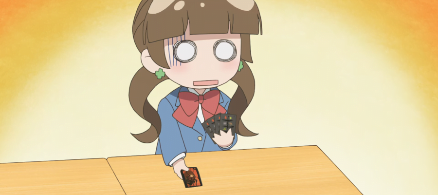 A screencap from the anime Afterschool Dice Club showing a brown haired girl trying to play Cockroach Poker