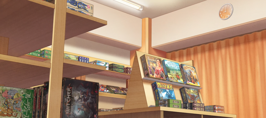 A screencap from the anime Afterschool Dice Club showing a shot of a board game store with a number of games on the shelves including Rococo, Imperial Settlers, the Witcher and Dominion