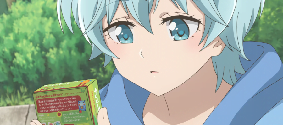 A screencap from the anime Afterschool Dice Club showing a blue haired girl looking at a board game.