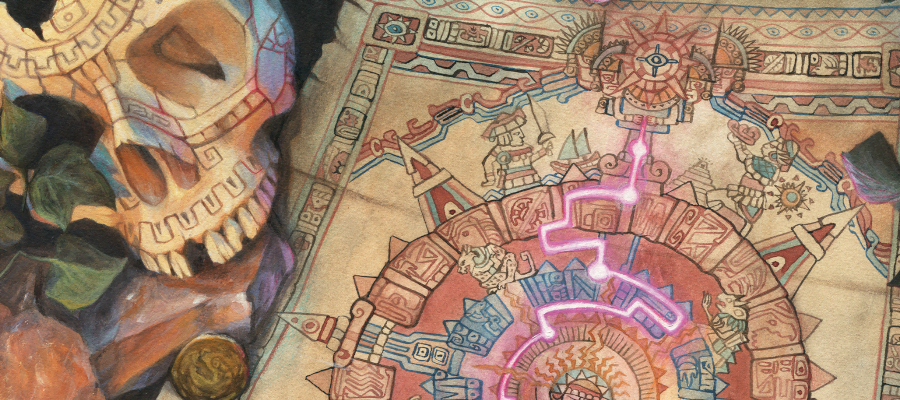 Banner art for Lost Caverns of Ixalan by Francesca Baerald, depicting a map, near a decorated skull