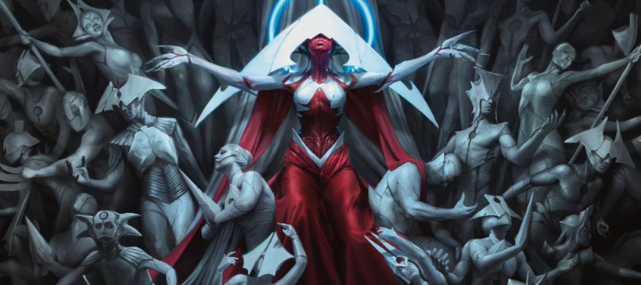 Banner art for Phyrexia: All Will Be One by Martina Fačková, depicting Elesh Norn surrounded by a crowd of statues.
