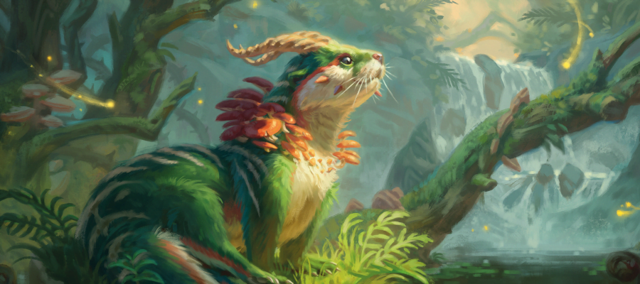 Banner art for The Wilds of Eldraine by Christina Krauss, depicting a perfect little otter with antelope horns.