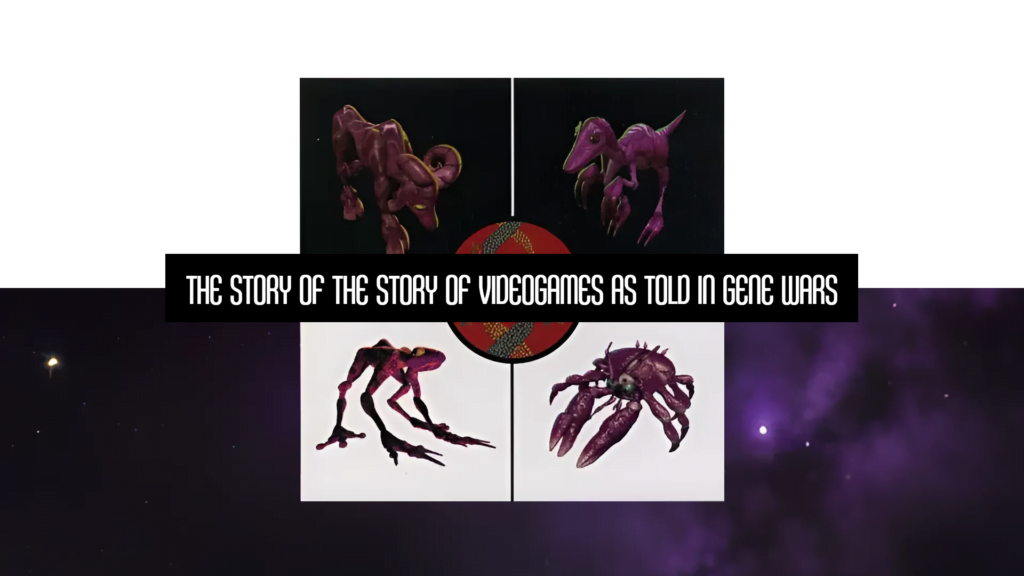 an alteration of the cover of the game Gene Wars, showing four boxes with four animals in them (a mule, a raptor, a frog and a crab), under the title text 'the story of the story of videogames as told in Gene Wars.'