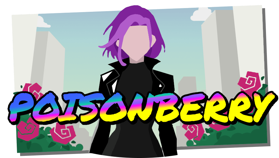 A highly stylised and abstracted image of a white femme wearing a bodysuit and leather jacket, in a cityscape surrounded by leaves and roses. Across her is written the word Poisonberry written in a permanent marker font.