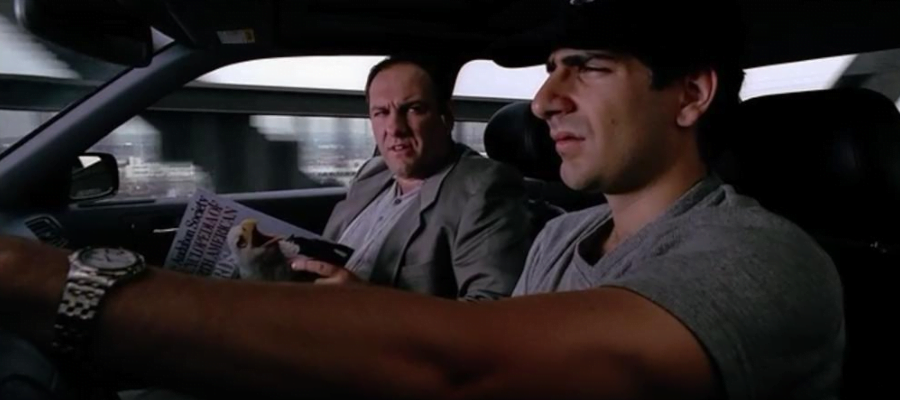 A screencap from the Sopranos, depicting Tony Soprano, who sucks, and Christufah Moltisanti, who also sucks