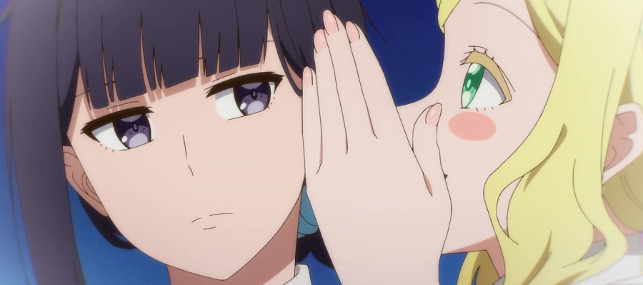 a screencap from "Tomo-chan is a Girl," showing a blonde and Misuzu gossipping