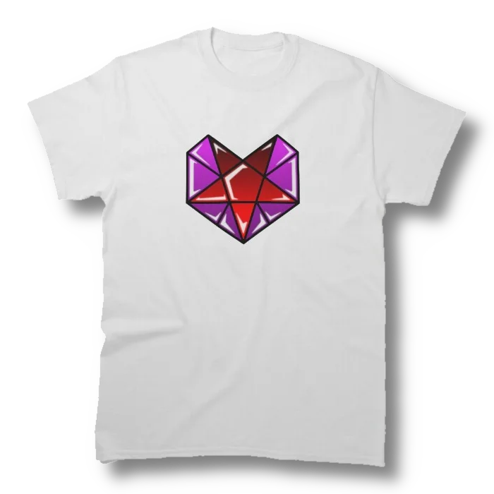 A t-shirt with the same stained glass heart-and-pentagram design.