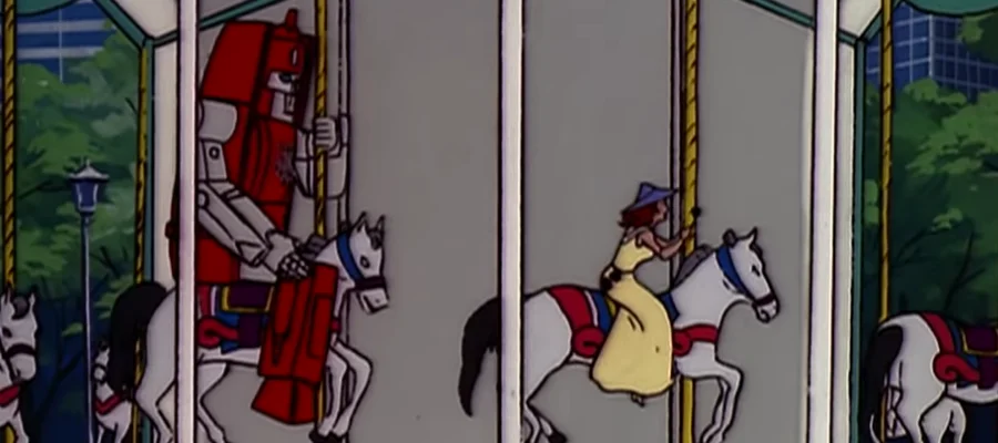 A screencap from the TV episode 'The Girl Who Loved Powerglide.' It shows Powerglide and Astoria riding a merry go round.