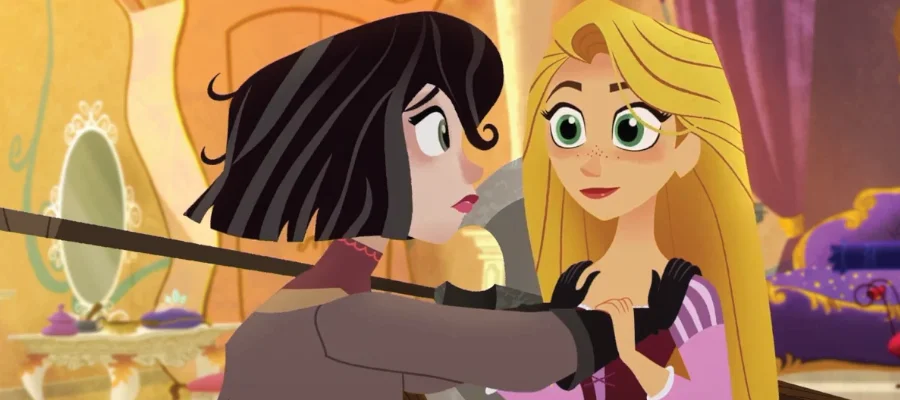 a screencap from the show Tangled Ever After. It shows Cass holding a gormless Rapunzel's shoulders.