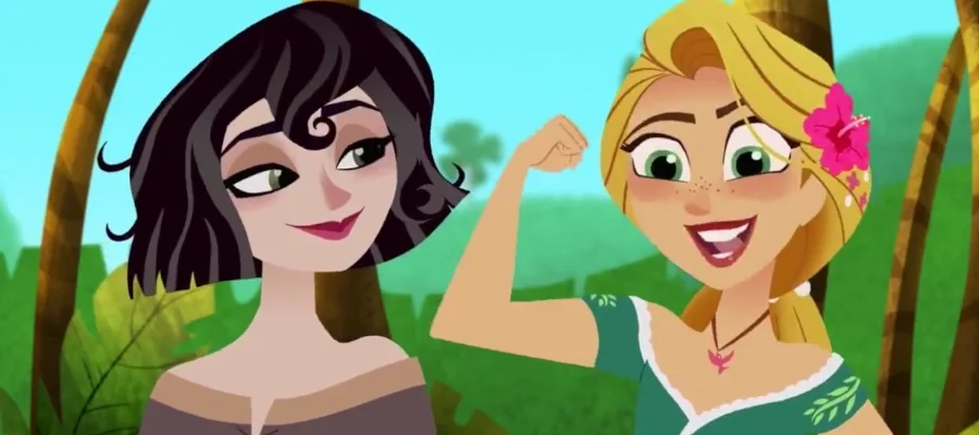 a screencap from the show Tangled Ever After. Rapunzel flexing her arm and Cass looking at her happily.