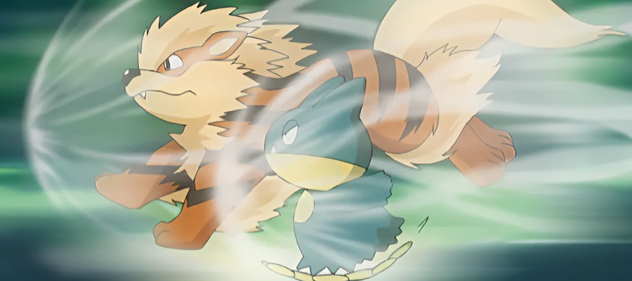 a screencap from the Pokemon anime. It shows an Arcanine and a Munchlax, both using the move Extremespeed. The Munchlax looks very determined.