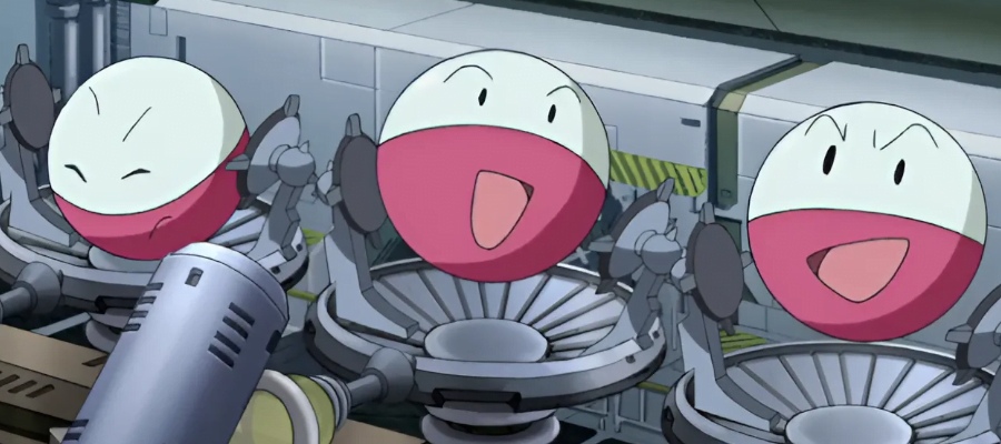 a screencap from the Pokemon anime. It shows a trio of Electrodes hanging out.