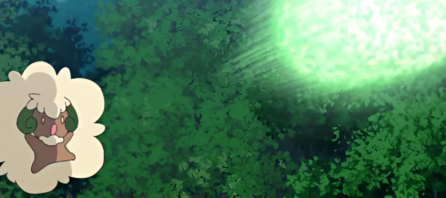 a screencap from the Pokemon anime. It shows a Whimsicott shooting a green blast to the side.
