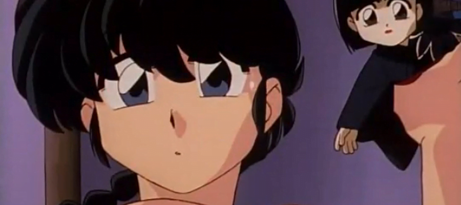 A screencap from the anime Ranma 1/2. It shows Ranma fighting with an evil doll.