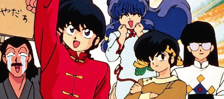 A screencap from the anime Ranma 1/2. It depicts Ranma, Soun, Shampoo, Ryouga and Mousse. They are just posing.
