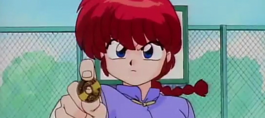 A screencap from the anime Ranma 1/2. It depicts Ranma holding a coin.