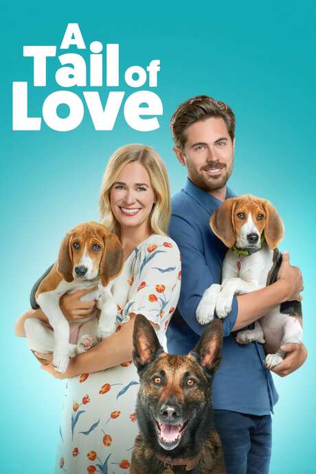 The poster for the Hallmark movie Tail of Love. It depicts two generic white people looking out at the camera, holding dogs, in front of a neutral blue background.