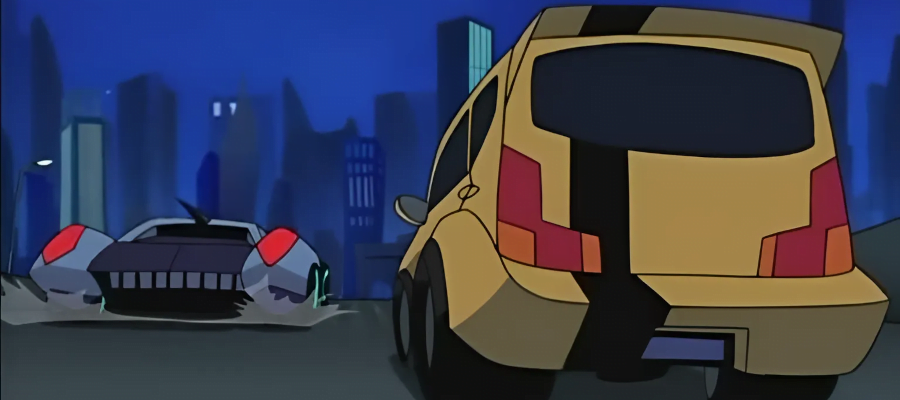 a screenshot from Transformers Animated episode Velocity. It shows Bumblbee racing with Blurr.