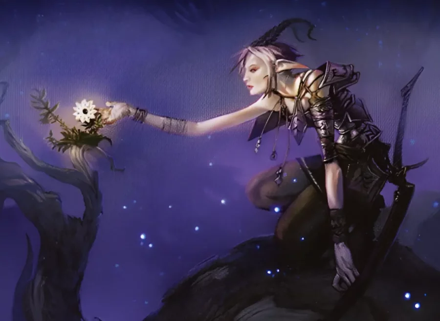 Art from the Magic card Bloom Tender, by chippy. It depicts a horned elf touching a flower in a midnight scene.