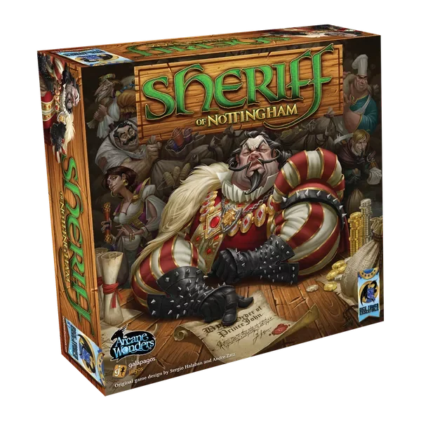 A photograph of the box of Sheriff of Nottingham. It shows an officious and obnoxious looking medieval-style noble with puffy sleeves and spiky gloves. From Boardgamegeek.