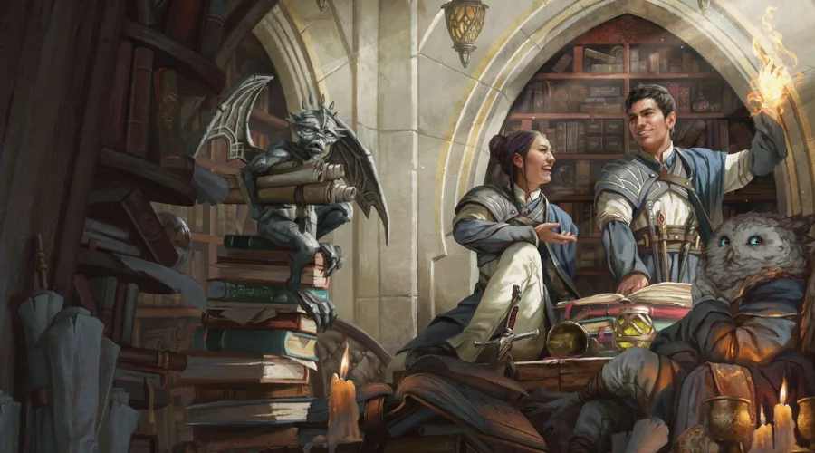 Art from the Wizards of the Coast Wallpaper pack from Strixhaven. it shows students hanging out in a library.