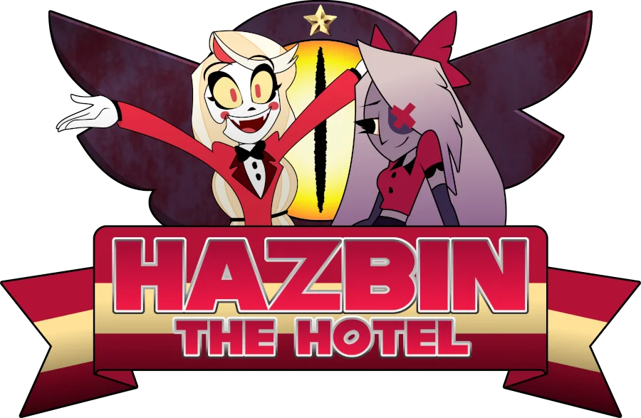Art of the characters Charlie and Vaggie from Hazbin Hotel, positioned in a way to invoke the Sonic the Hedgehog logo. The text on it, in the Sonic font, reads 'Hazbin The Hotel'